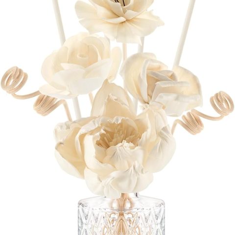 11 Pcs Flower Reed Diffuser Set Include 4  Flowers 6 Diffuser Sticks with 5oz Empty Design Bottles Fragrance Rice Paper Natural Flower for Home Bedroom Office Bathroom Shelf Decor Gift