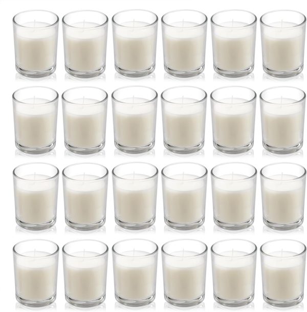24 Pack Warm White Unscented Clear Glass Filled Votive Candles. Hand Poured Wax Candle Ideal Gifts for Aromatherapy Spa Weddings Birthdays Holidays Party
