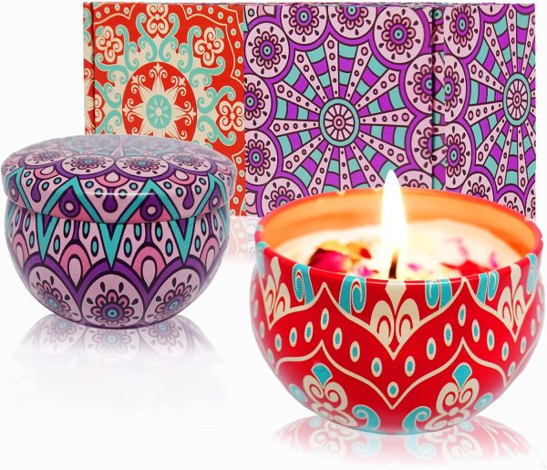 Scented Candles Gift Set - Aromatherapy Candle for Home, Portable Hotel Small Candles, Natural Soy Wax Tin Jar for Yoga, Bath, 2.5 Oz Long Lasting Time Gift for Women 2 Pack