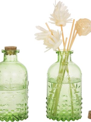 Vintage Embossed Green Glass Small Reed Diffuser Bottle with Cork Lid, Decorative Flower Bud Vase, Set of 2