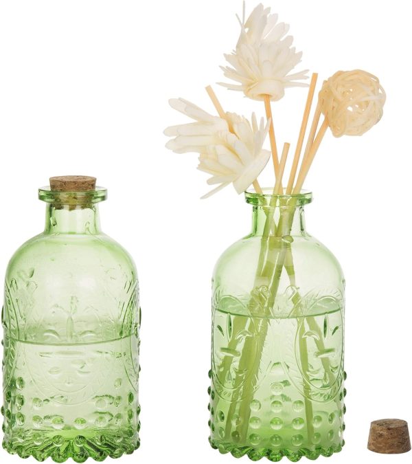 Vintage Embossed Green Glass Small Reed Diffuser Bottle with Cork Lid, Decorative Flower Bud Vase, Set of 2