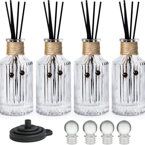 Reed Diffuser Bottle Glass Diffuser Bottles 8oz/250ml Set of 4 Empty Essential Oil Glass Diffuser Bottles with Stoppers and Reed Sticks Clear Decorative Bottle Set Bulk Reusable Perfume Jar