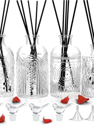 Diffuser Glass Bottles Decorative Bottles Vases Set of 4 Empty Clear DIY Fragrance Reed Diffuser Storage Bottle with Reeds Sticks for Home Office Desk Decoration Wedding Valentine Girl Women